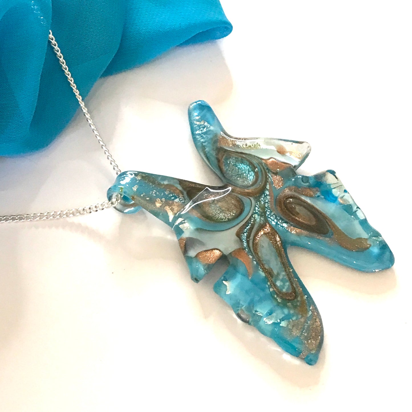 Large real Murano glass necklace blue butterfly shape pendant sterling silver