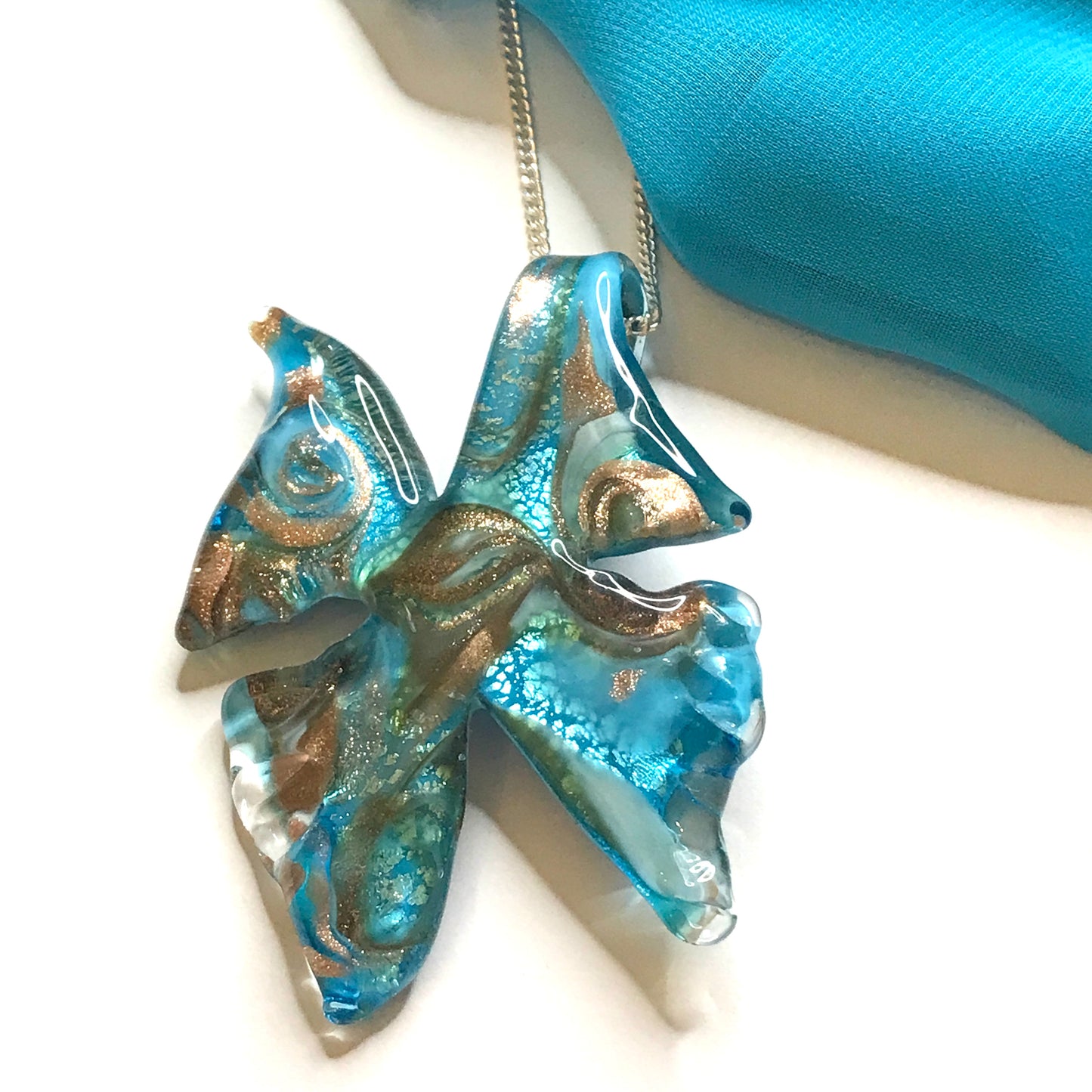 Large real Murano glass necklace blue butterfly shaped pendant sterling silver
