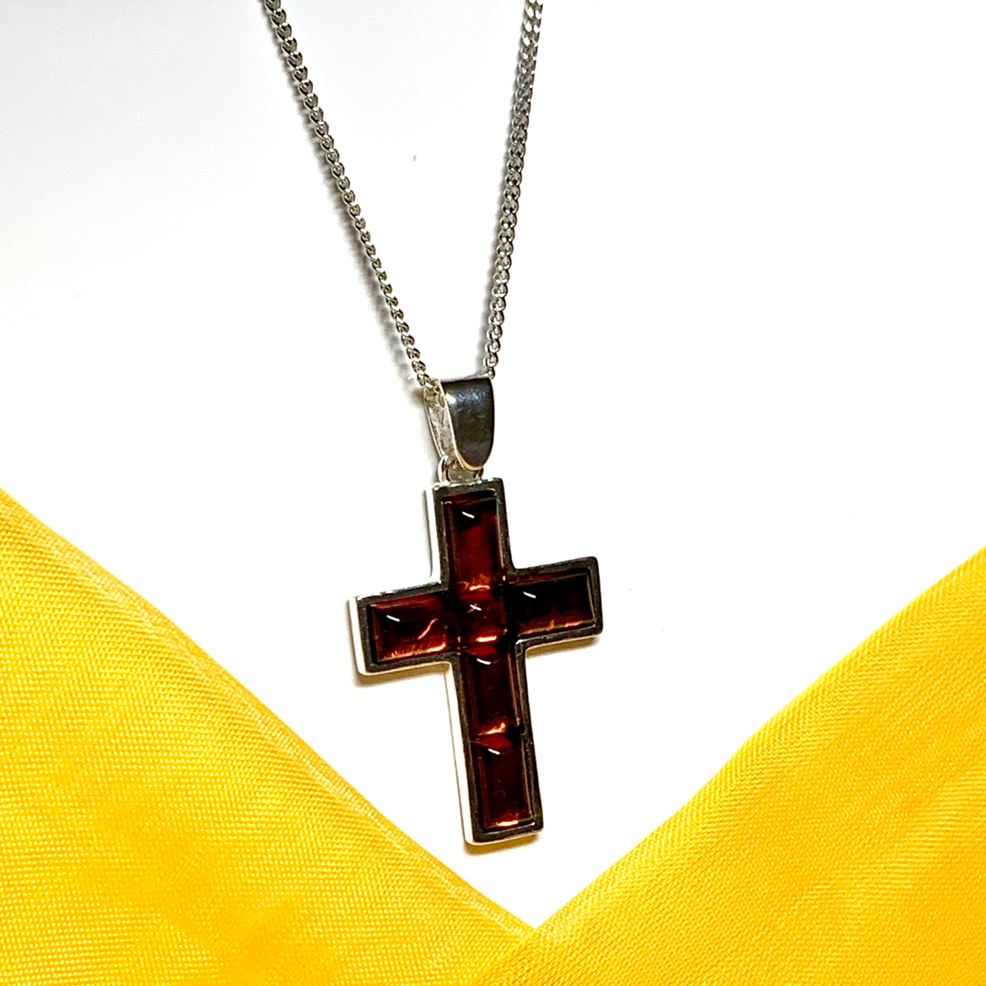 Large real amber cross necklace sterling silver including chain