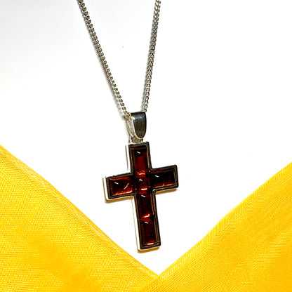 Large real amber cross necklace sterling silver including chain