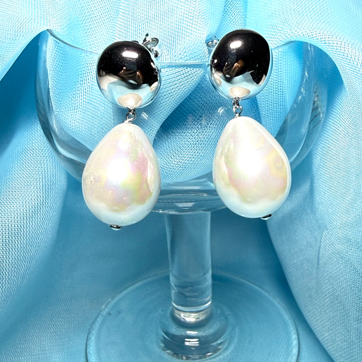 Large real freshwater cultured pearl sterling silver drop earrings