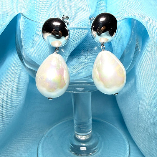 Large real freshwater cultured pearl sterling silver drop earrings