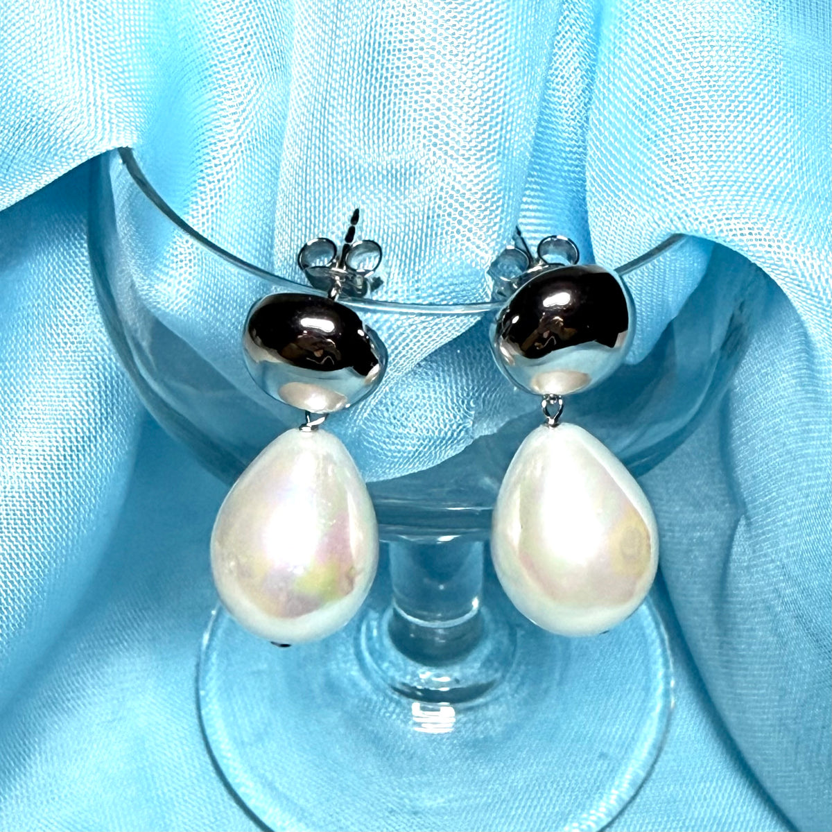 Large real freshwater cultured pearl sterling silver drop earrings