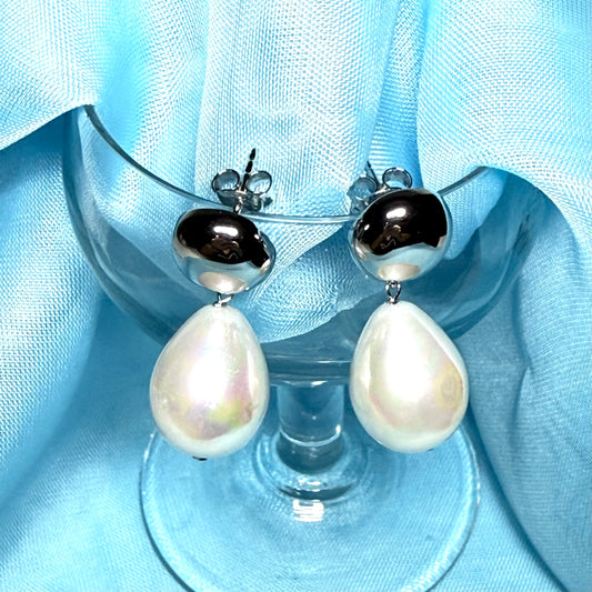 Large real freshwater cultured pearl sterling silver drop earrings