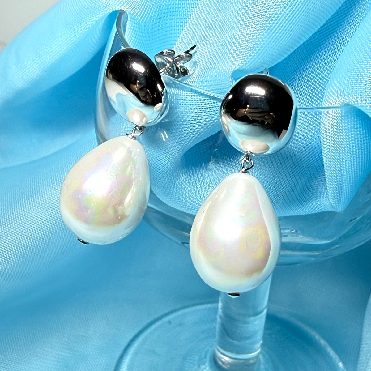 Large real freshwater cultured pearl sterling silver drop earrings