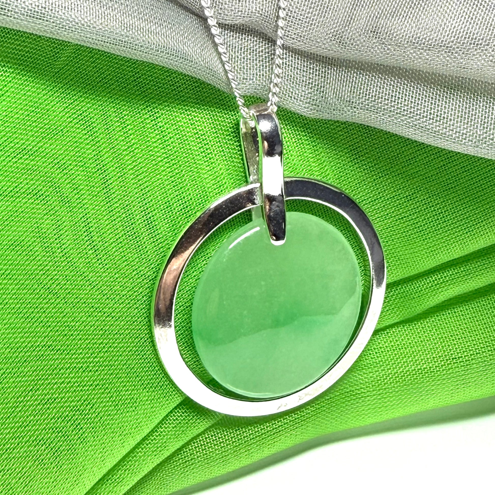 Large real jade pendant necklace sterling silver round shaped green halo designed, with a chain