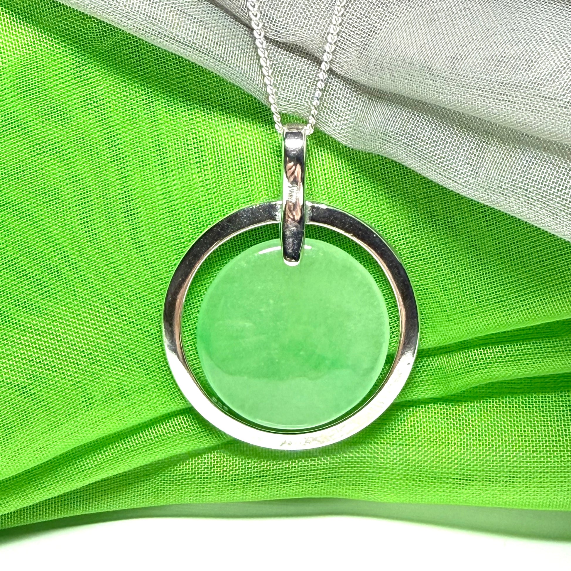 Large real jade pendant necklace sterling silver round shaped green halo designed, with a chain