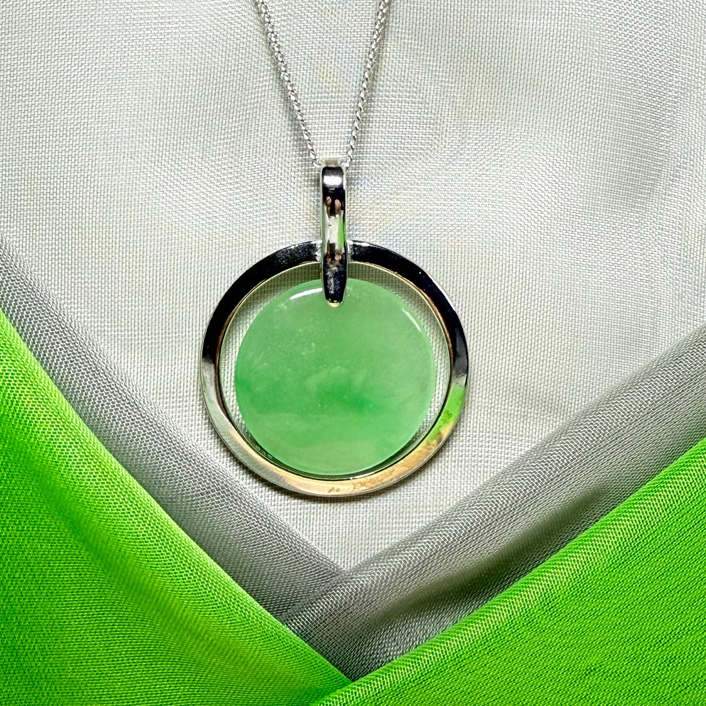 Large real jade pendant necklace sterling silver round shaped green halo designed, with a chain