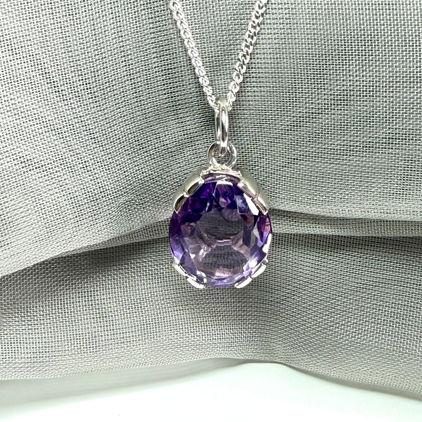 Large real purple amethyst necklace sterling silver with chain