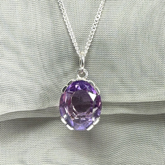 Large real purple amethyst necklace sterling silver with chain