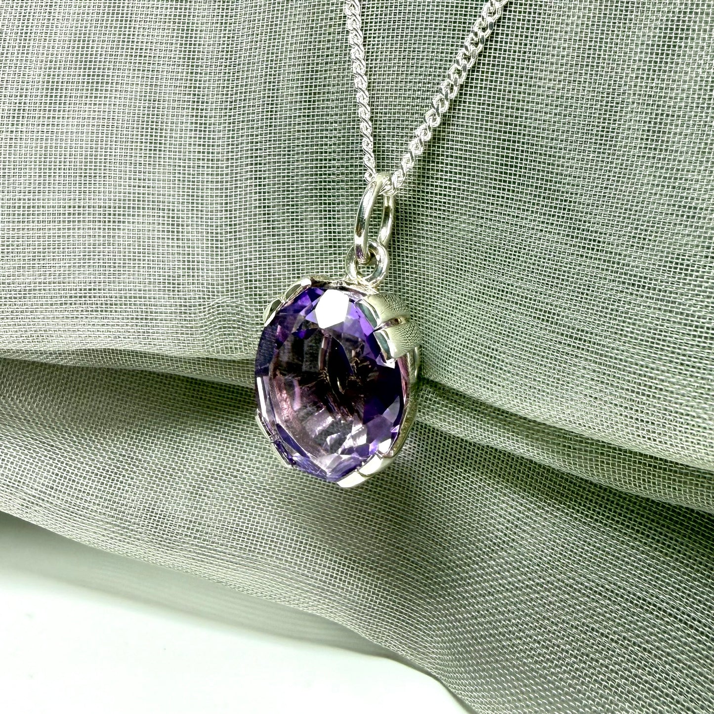 Large real purple amethyst necklace sterling silver with chain