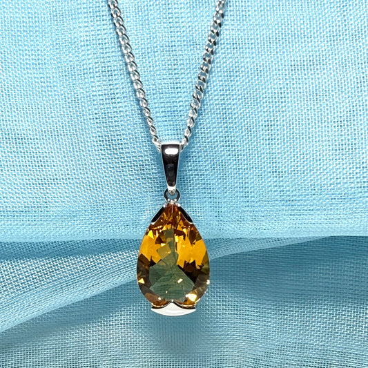 Large real yellow citrine necklace pear shaped white gold teardrop pendant