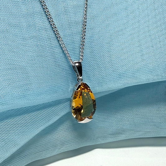 Large real yellow citrine necklace pear shaped white gold teardrop pendant
