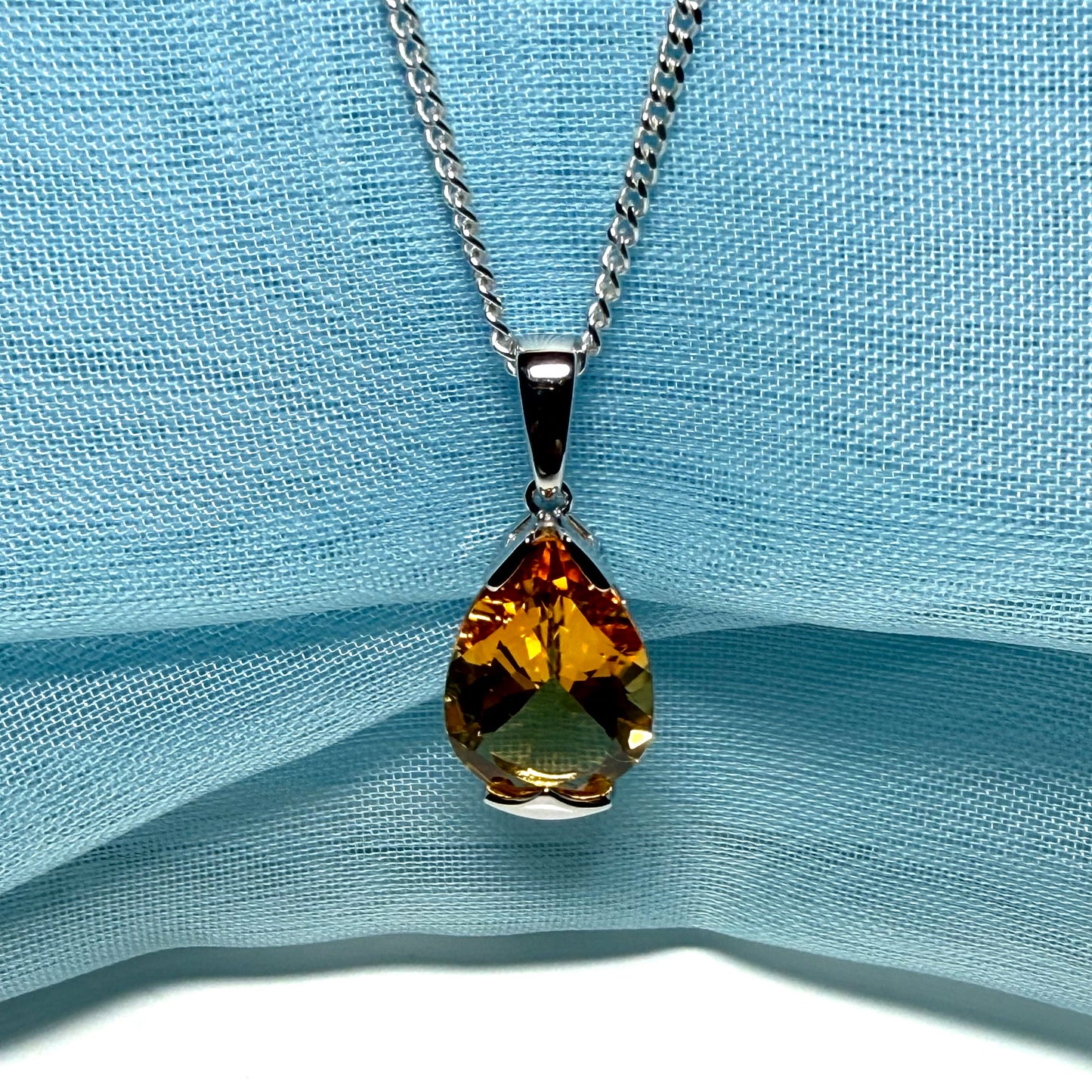 Large real yellow citrine necklace pear shaped white gold teardrop pendant with a chain
