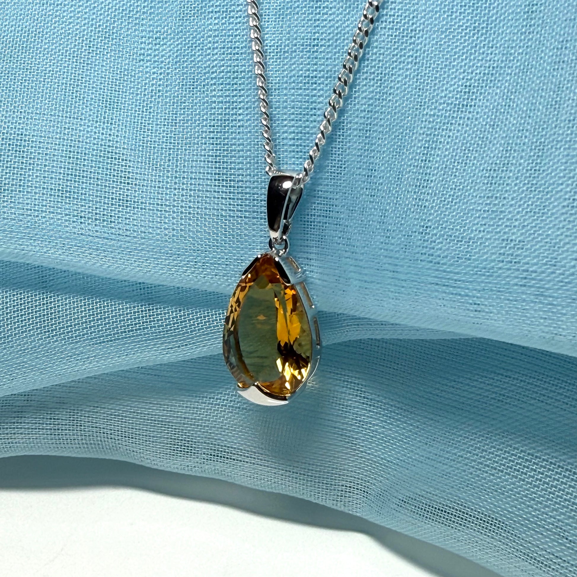 Large real yellow citrine necklace pear shaped white gold teardrop pendant with a chain