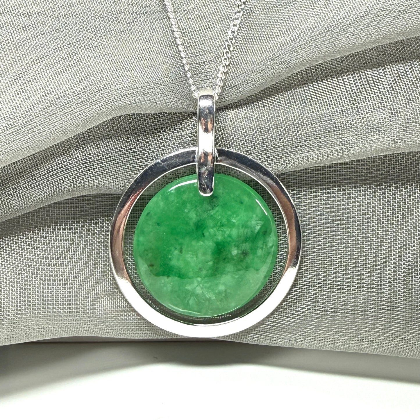 Large round halo necklace sterling silver circle shaped green real jade, a timeless design to the pendant