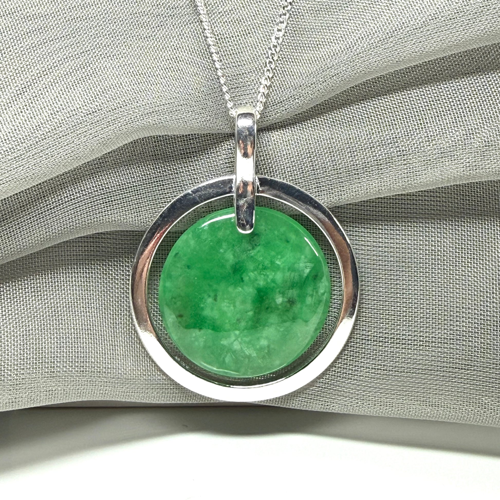 Large round halo necklace sterling silver circle shaped green real jade, a timeless design to the pendant