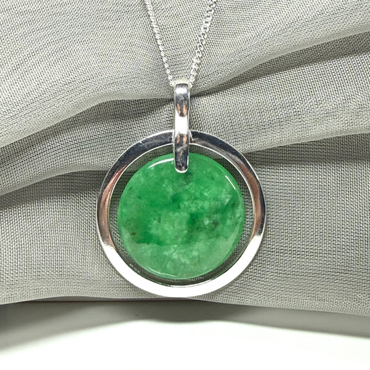 Large round halo necklace sterling silver circle shaped green real jade, a timeless design to the pendant