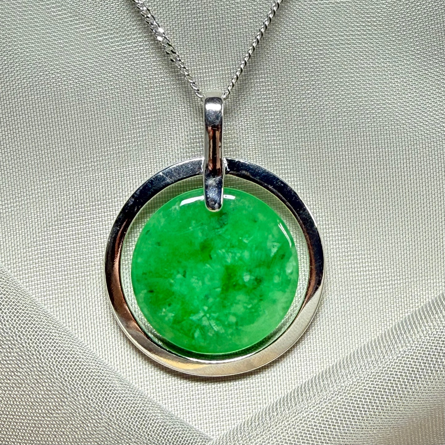Large round halo necklace sterling silver circle shaped green real jade, a timeless design to the pendant