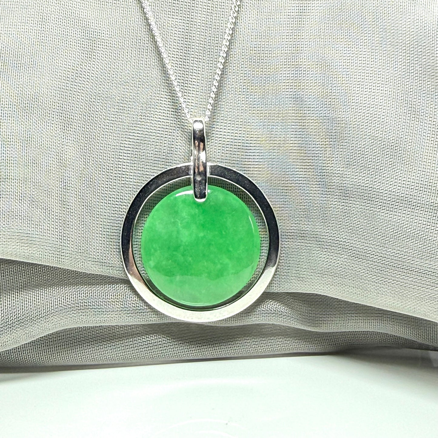 Large round halo necklace sterling silver circle shaped green real jade, a timeless stunning design