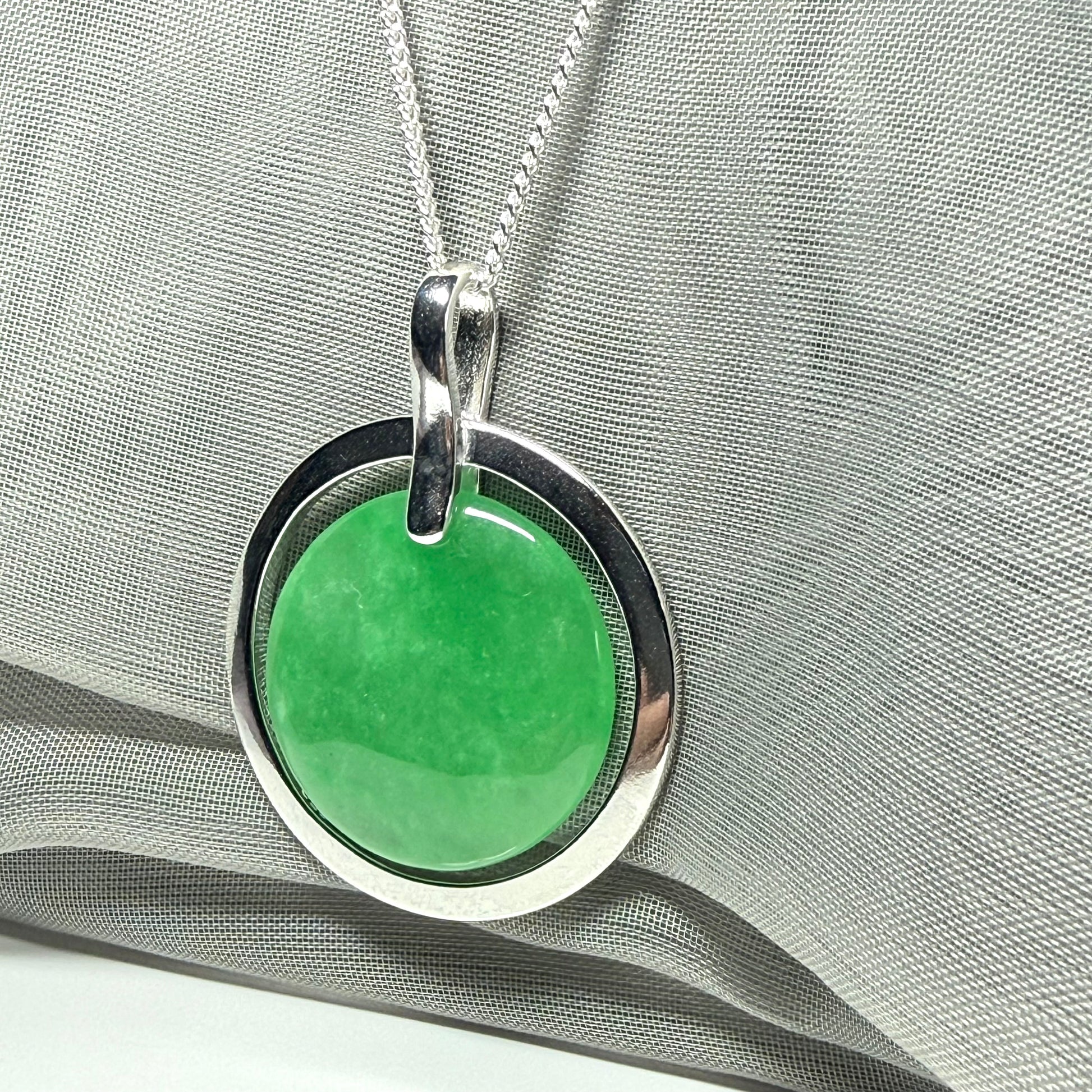 Large round halo necklace sterling silver circle shaped green real jade, a timeless stunning design