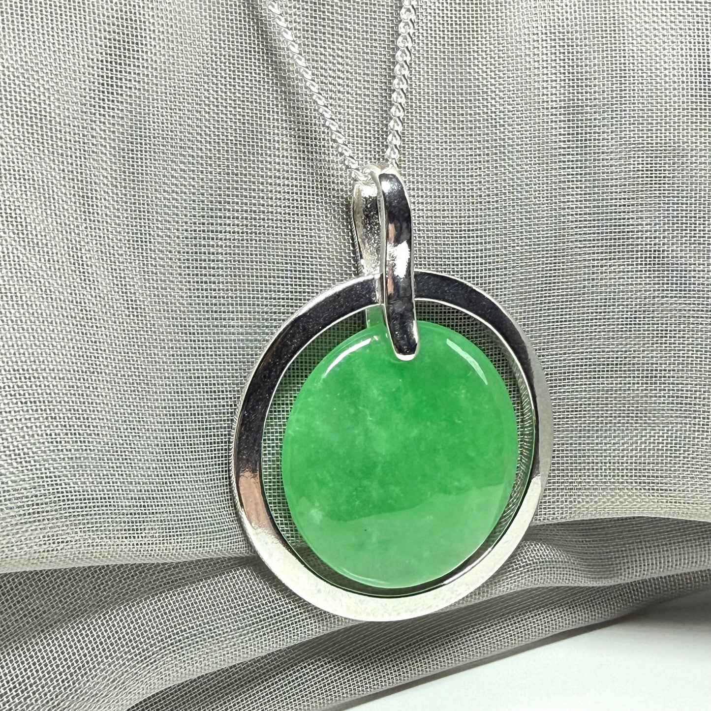 Large round halo necklace sterling silver circle shaped green real jade, a timeless stunning design
