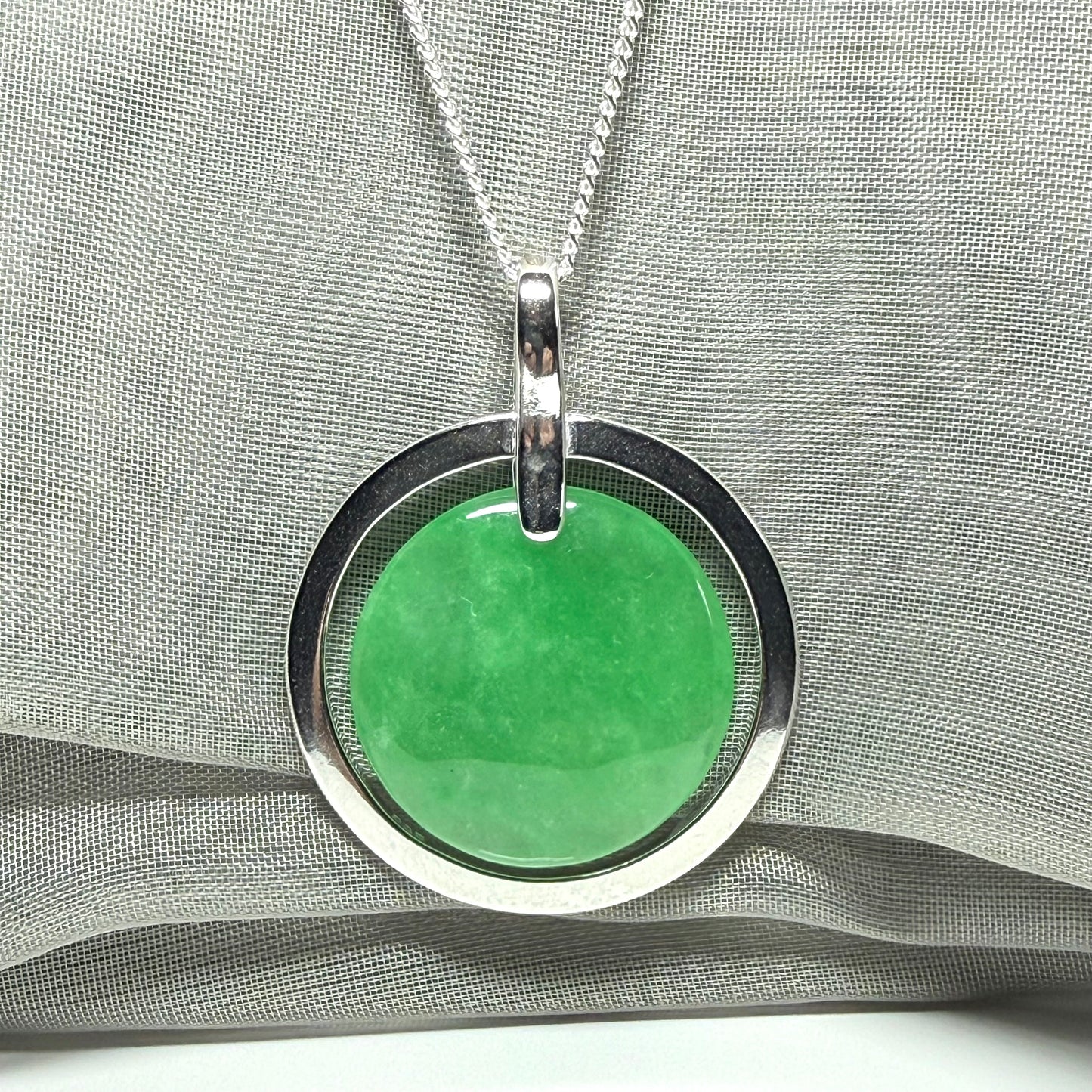 Large round halo necklace sterling silver circle shaped green real jade, a timeless stunning design