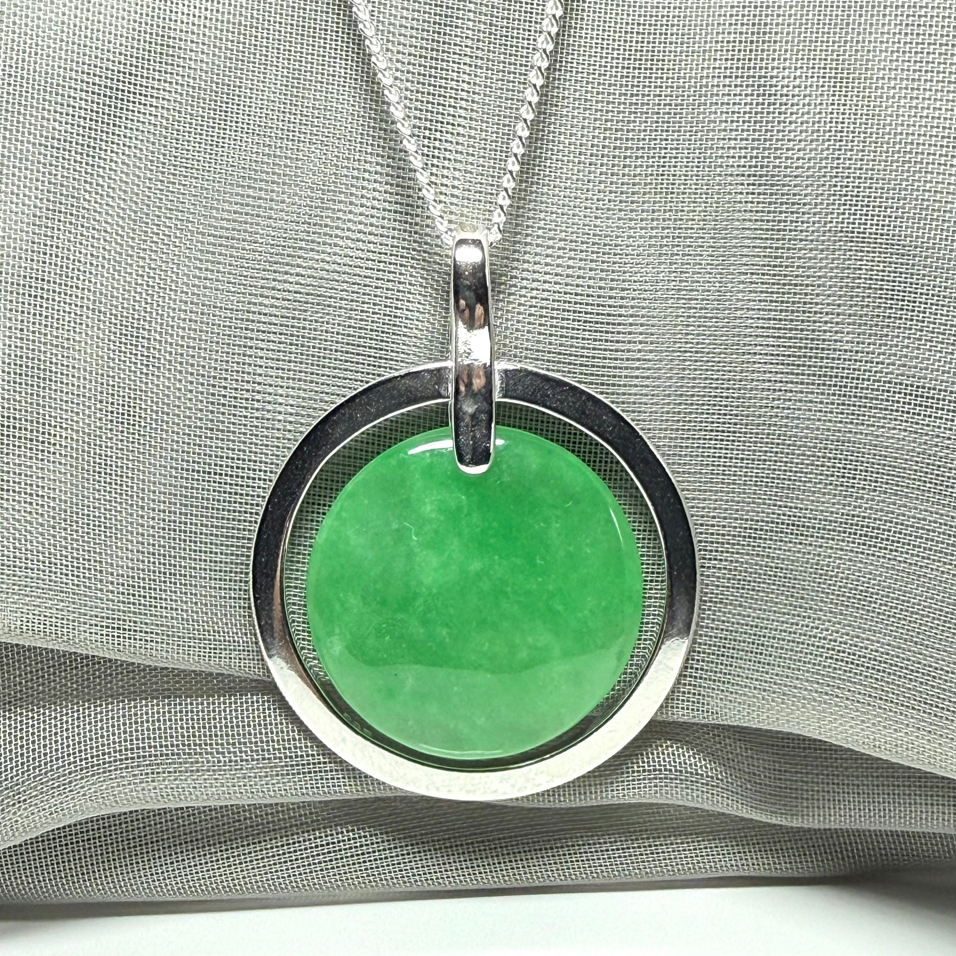 Large round halo necklace sterling silver circle shaped green real jade, a timeless stunning design