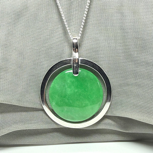 Large round halo necklace sterling silver circle shaped green real jade, a timeless stunning design