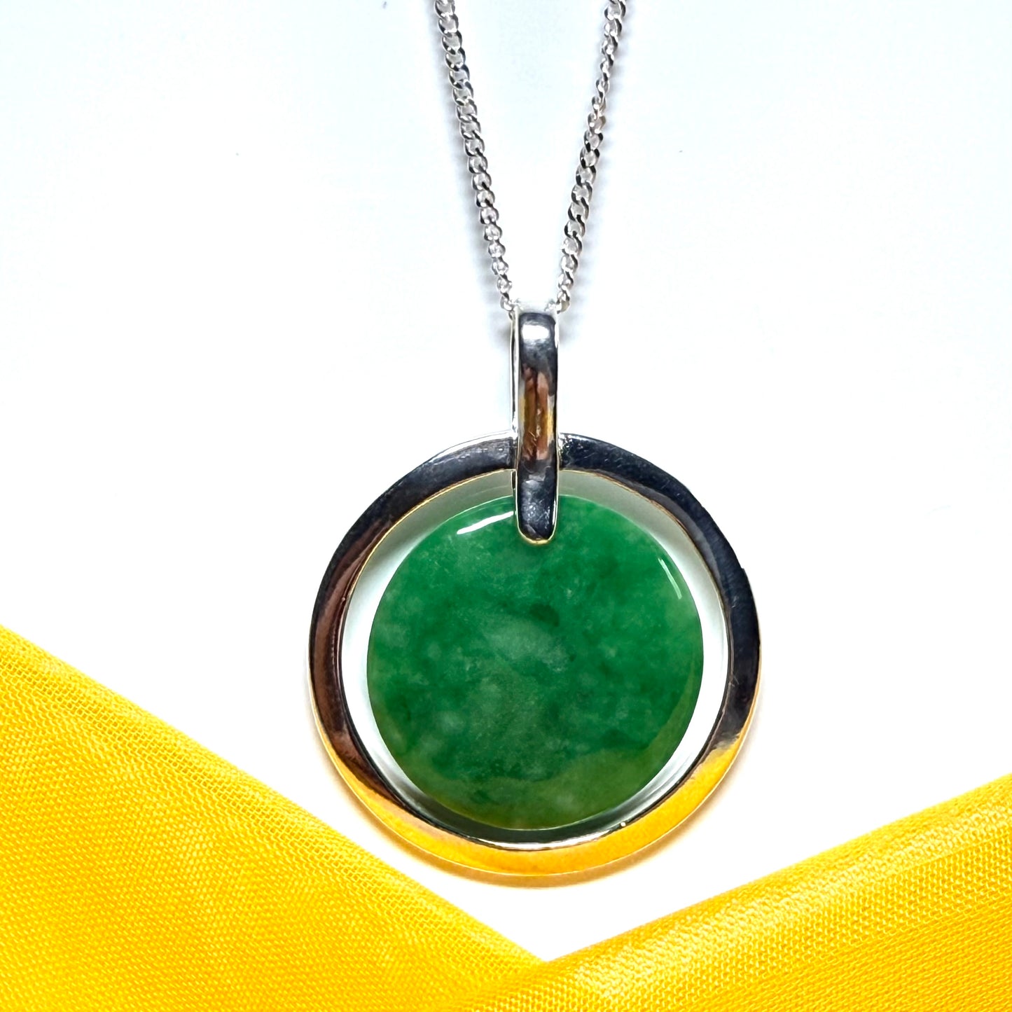 Large round halo necklace sterling silver circle shaped green real jade styled pendant, a timeless design to it with chain