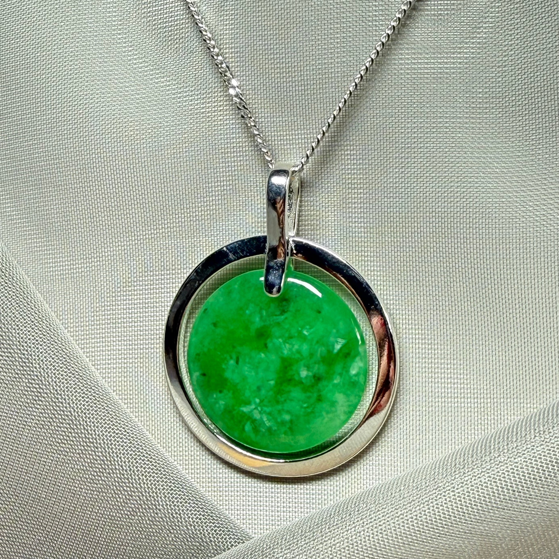 Large round halo necklace sterling silver circle shaped green real jade, a timeless design to the pendant