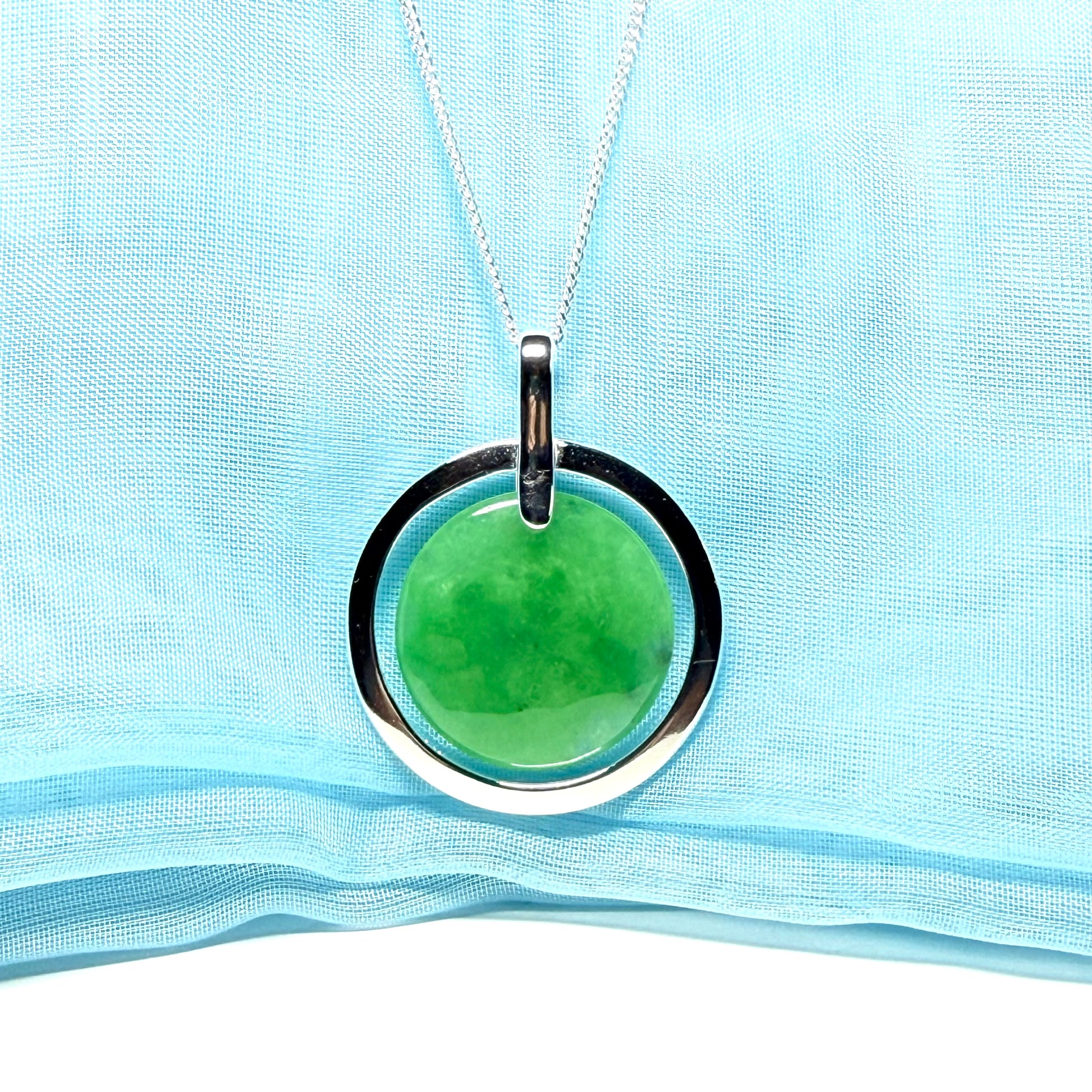 Large round necklace sterling silver green real jade halo styled pendant