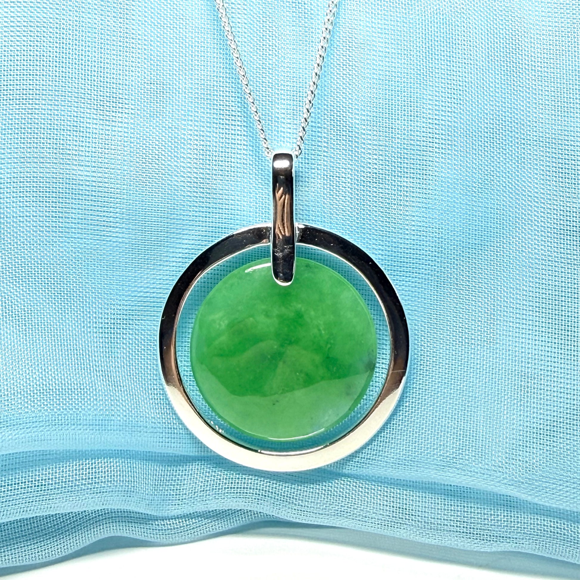 Large round necklace sterling silver green real jade halo styled pendant