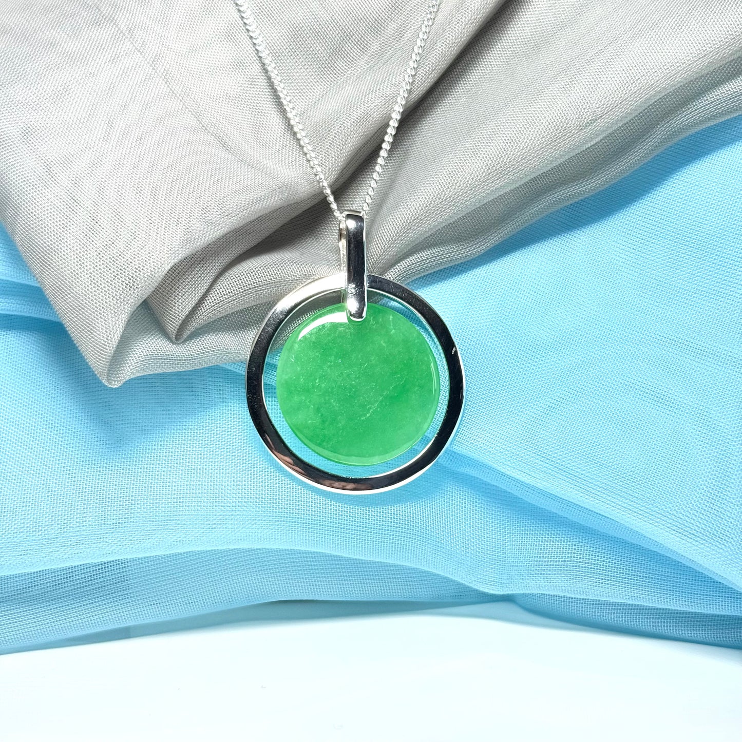 Large round necklace sterling silver green real jade halo style pendant