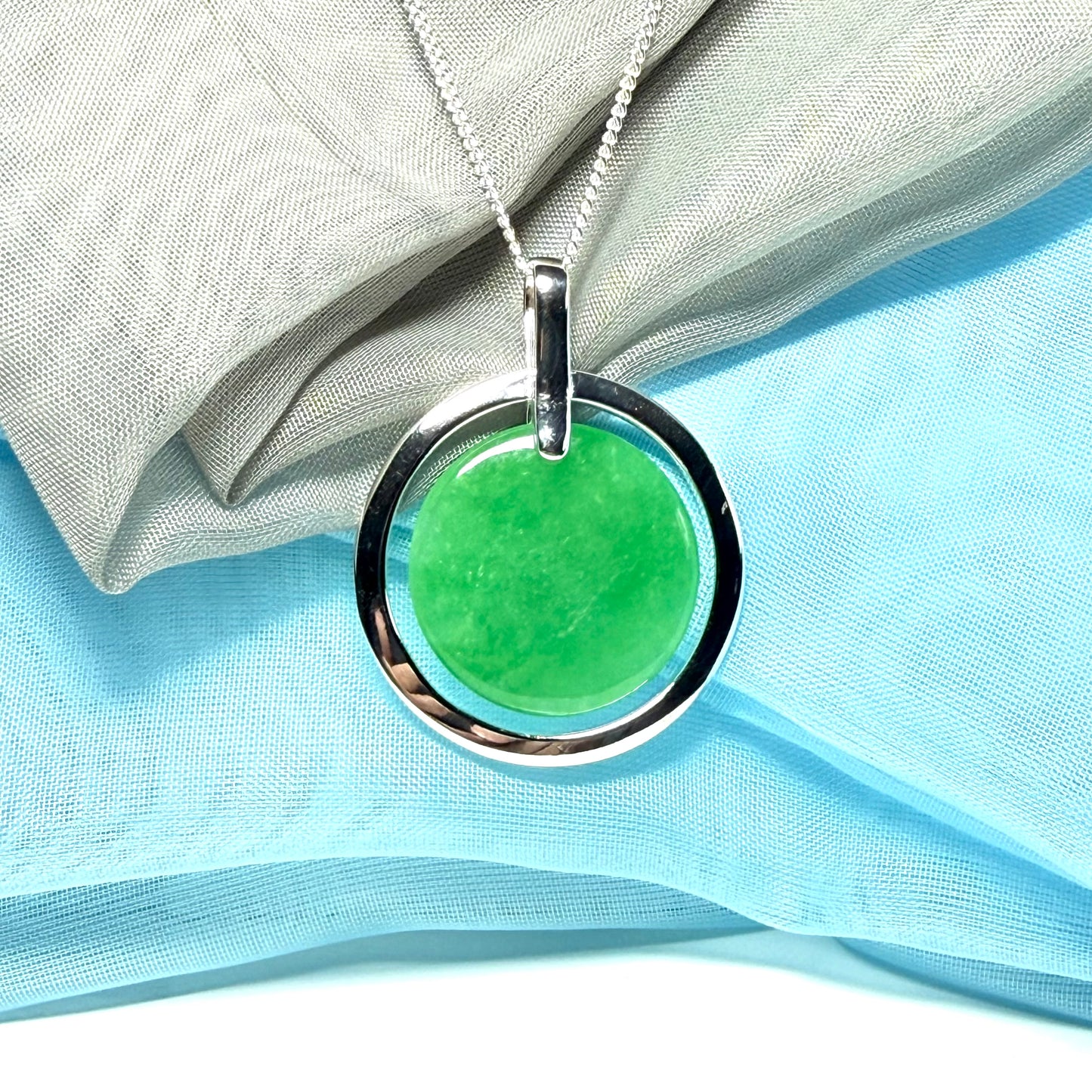 Large round necklace sterling silver green real jade halo style pendant