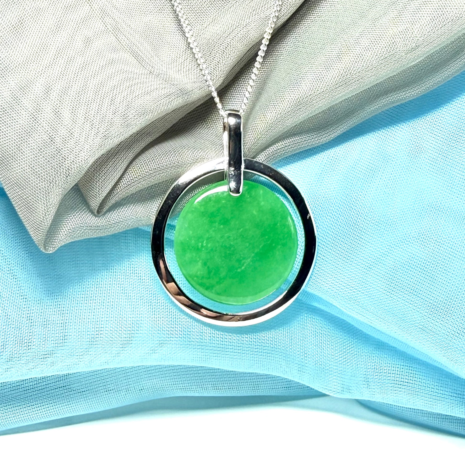 Large round necklace sterling silver green real jade halo style pendant