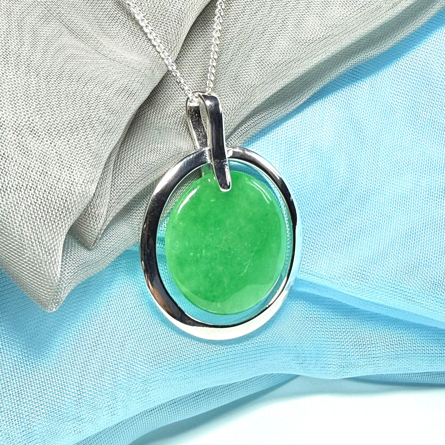 Large round necklace sterling silver green real jade halo style pendant