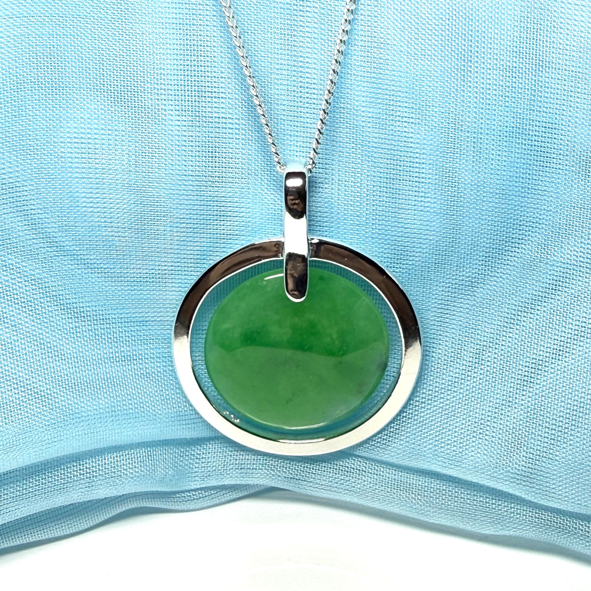 Large round necklace sterling silver green real jade halo styled pendant