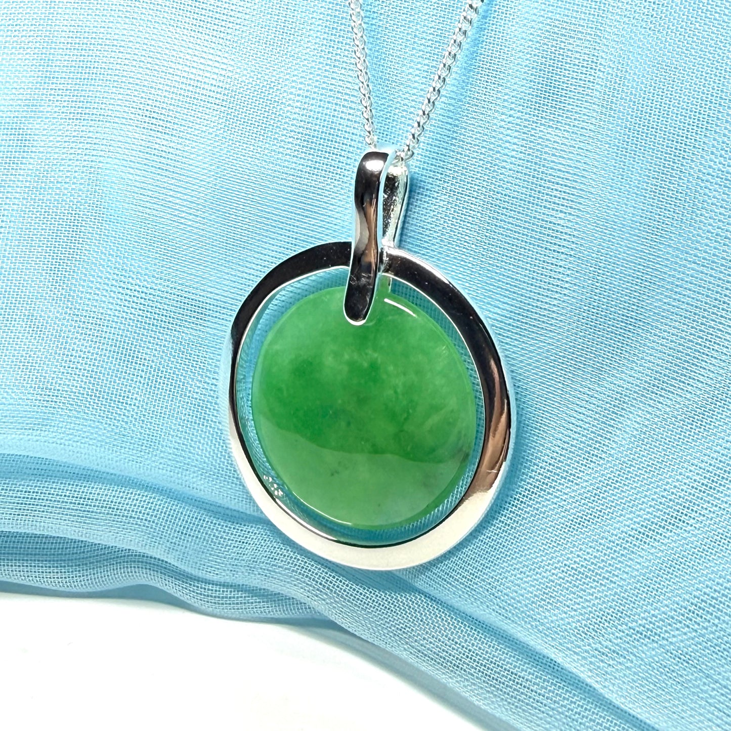 Large round necklace sterling silver green real jade halo styled pendant