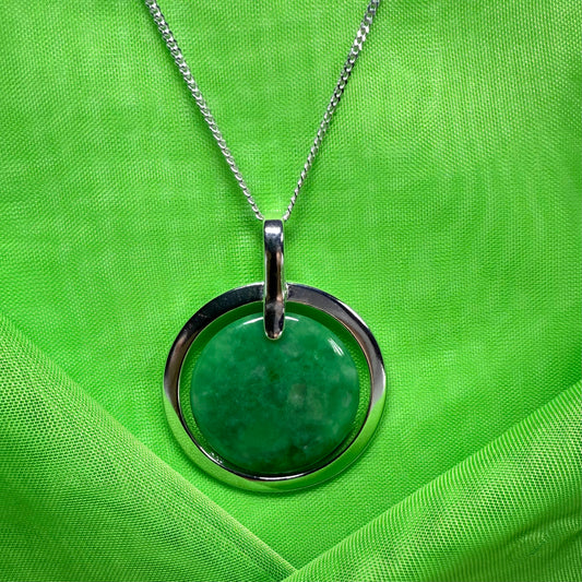 Large round necklace sterling silver with a distinctive circle shaped green real jade halo styled pendant with chain