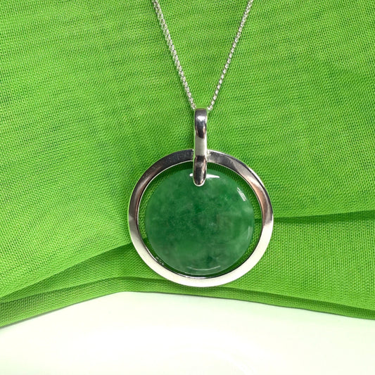 Large round necklace sterling silver with a distinctive circle shaped green real jade halo styled pendant with a chain included