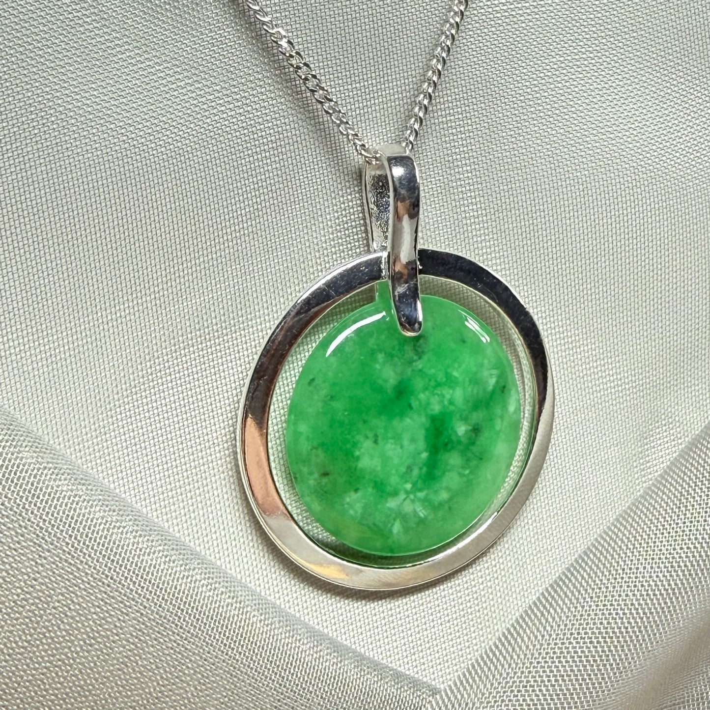 Large round halo necklace sterling silver circle shaped green real jade, a timeless design to the pendant