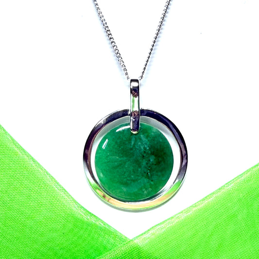 Large round shaped necklace sterling silver green real jade halo styled circle pendant, a timeless out standing design