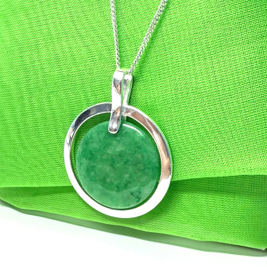 Large round shaped necklace sterling silver green real jade halo styled circle pendant, a timeless design