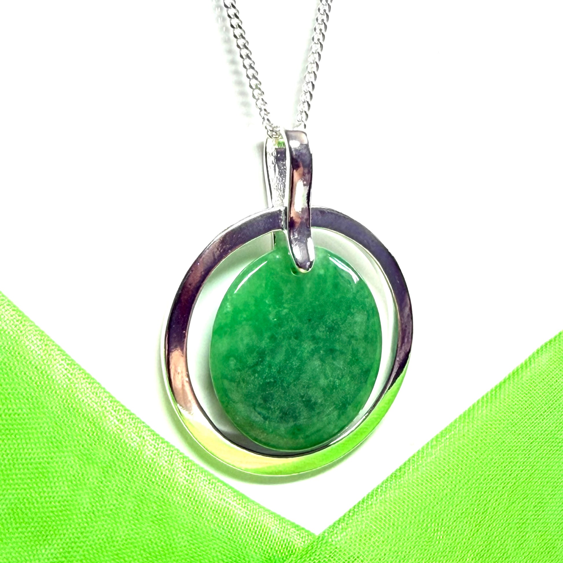 Large round shaped necklace sterling silver green real jade halo styled circle pendant, a really beautiful design