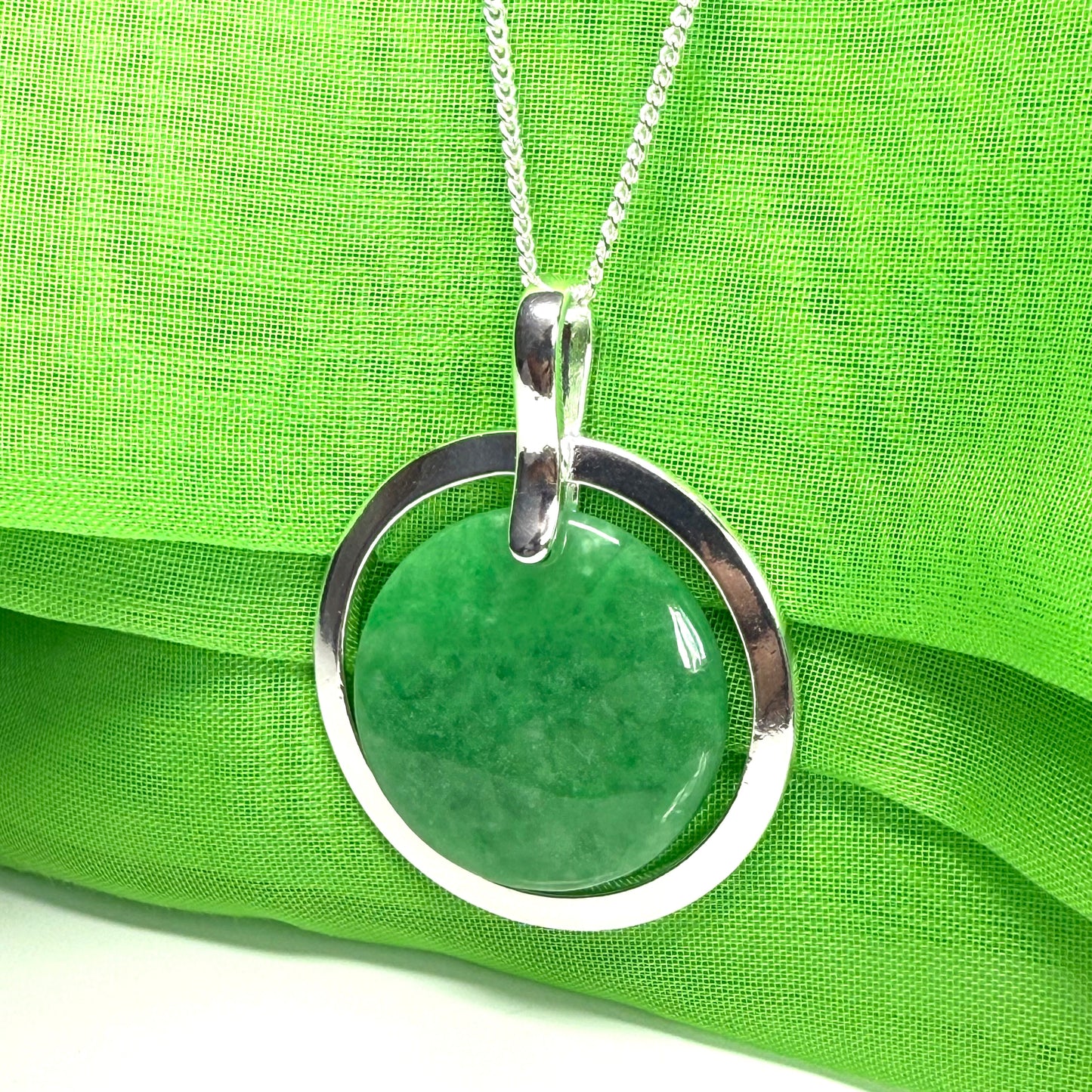 Large round shaped necklace sterling silver green real jade halo styled circle pendant, a really beautiful design