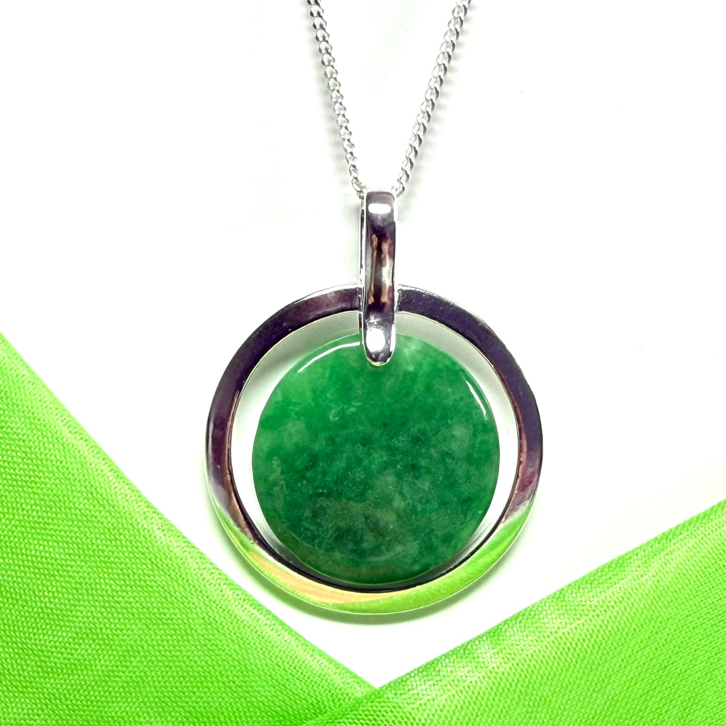 Large round shaped necklace sterling silver green real jade halo styled circle pendant, a really beautiful design