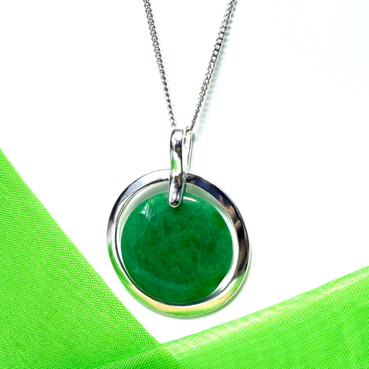 Large round shaped necklace sterling silver green real jade halo styled circle pendant, a timeless and outstanding design with a chain included