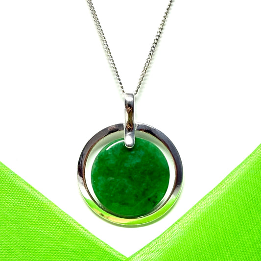 Large round shaped necklace sterling silver green real jade halo styled circle pendant, a timeless design