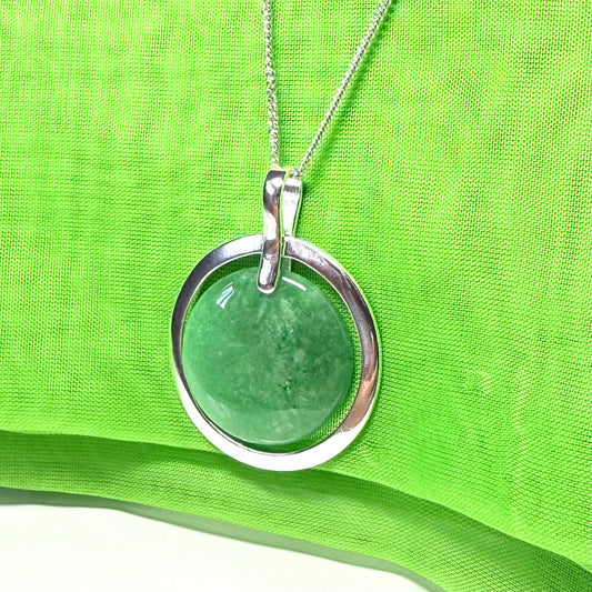Large round shaped necklace sterling silver green real jade halo styled circle pendant, a timeless out standing design
